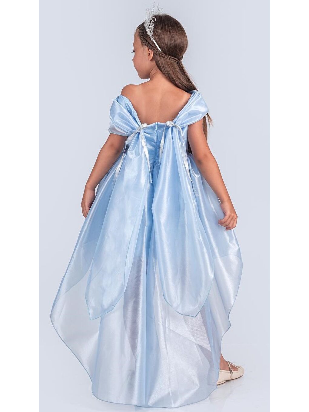 Mavi Kız Çocuk Düşük Omuz Detaylı Işıltılı Prenses Elbisesi M00760-2