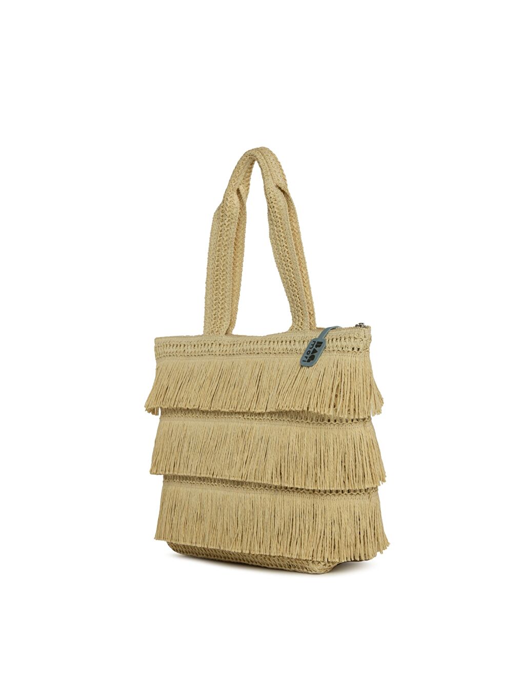 Ekru Sıralı Püsküllü Tote Hasır Çanta-1