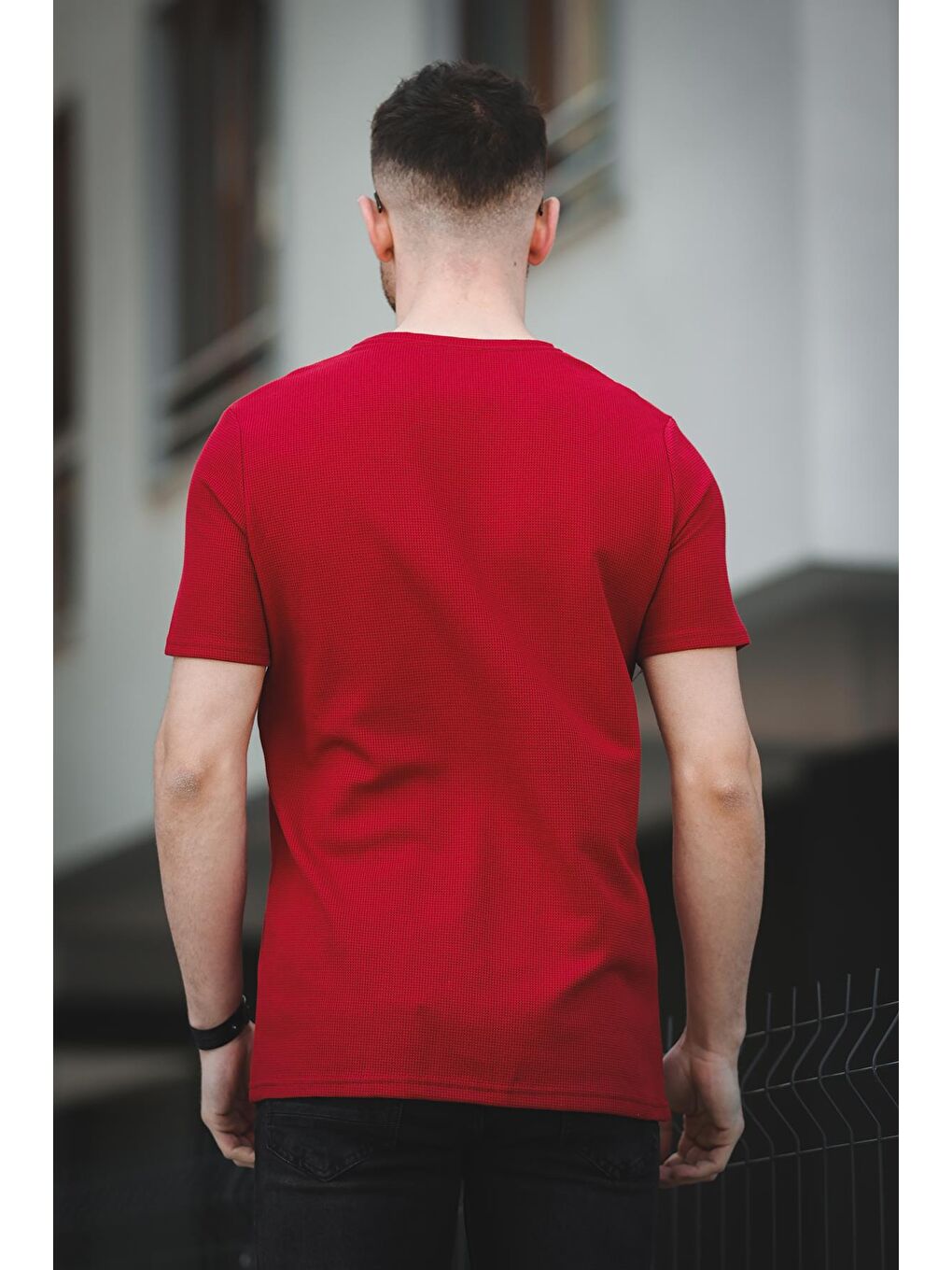 Bordo Ronath Slim Fit Waffle Desen Bisiklet Yaka Basic Erkek Tişört-3