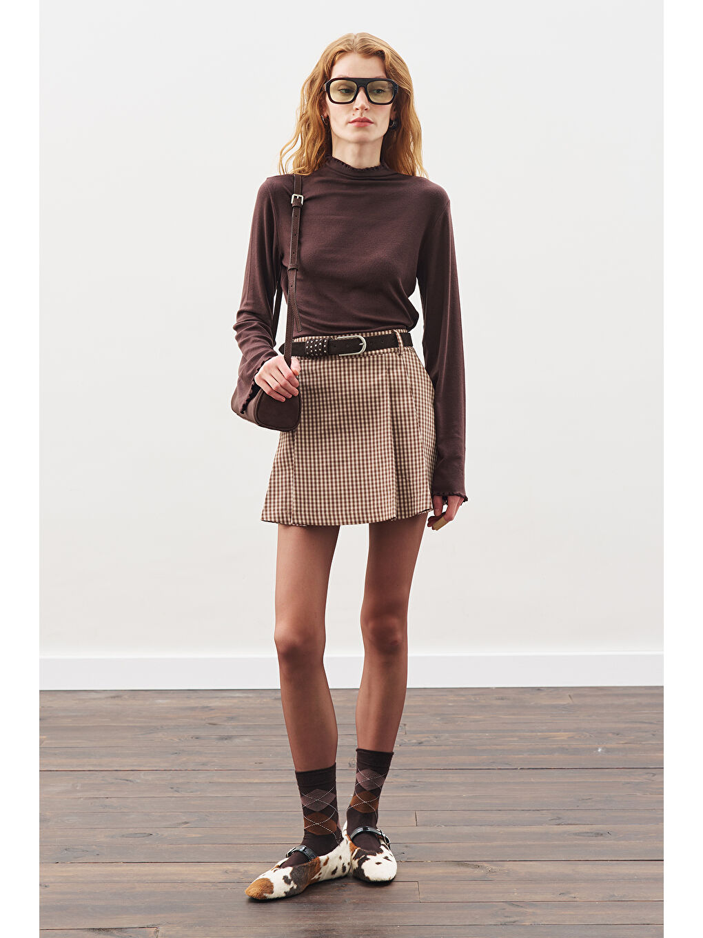 Gri Anvelop Mini Etek Ekose-1