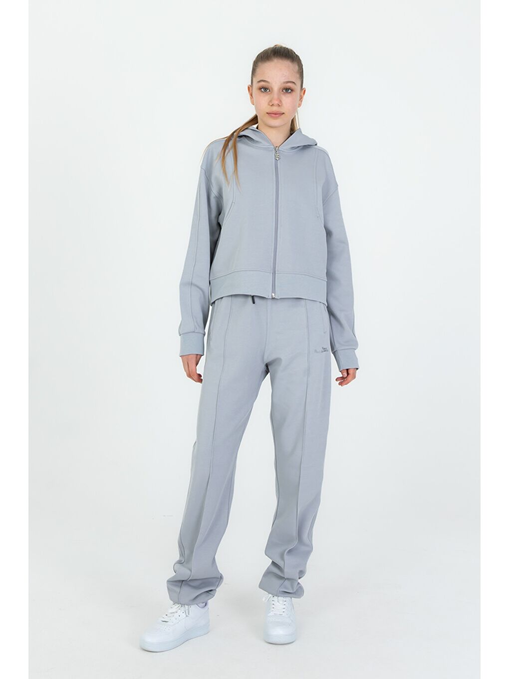 Gri Kız Çocuk Kapüşonlu Fermuarlı Ayarlanabilir Bel Eşofman Takım