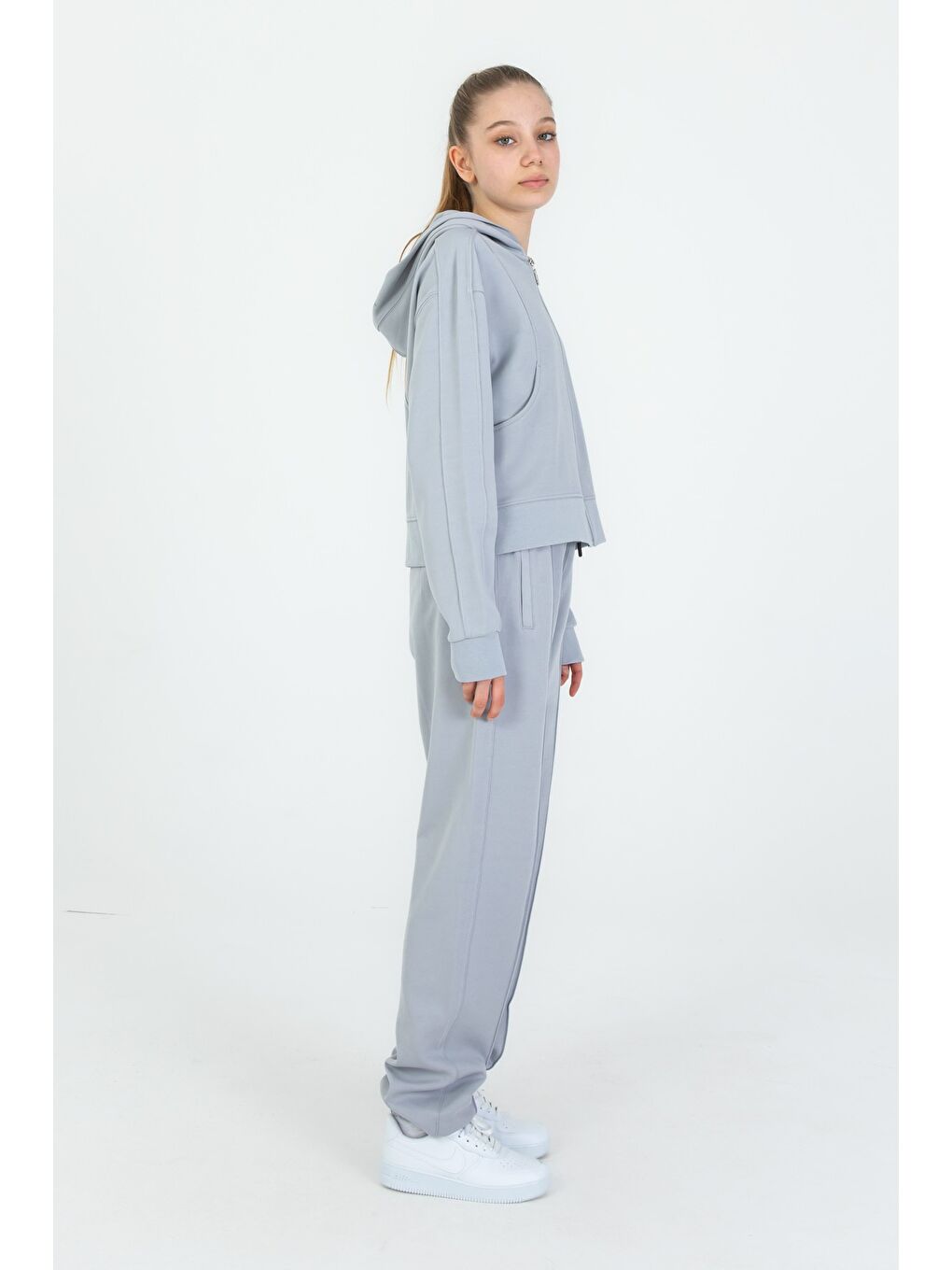Gri Kız Çocuk Kapüşonlu Fermuarlı Ayarlanabilir Bel Eşofman Takım-1