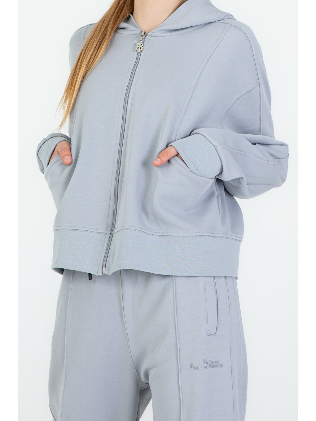 Gri Kız Çocuk Kapüşonlu Fermuarlı Ayarlanabilir Bel Eşofman Takım-2