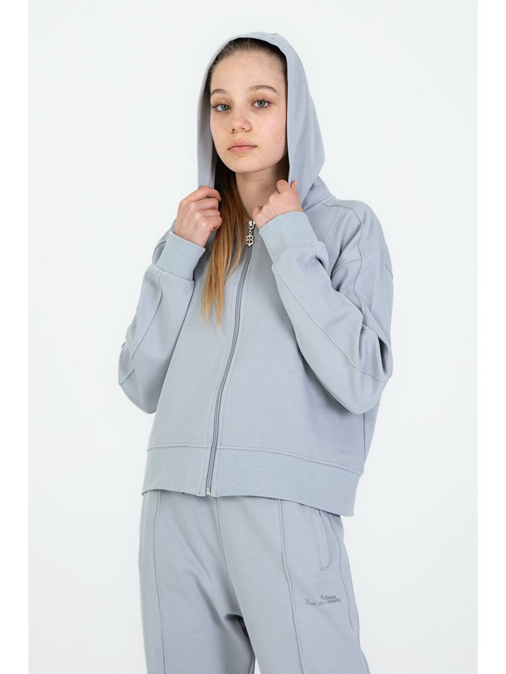 Gri Kız Çocuk Kapüşonlu Fermuarlı Ayarlanabilir Bel Eşofman Takım-3