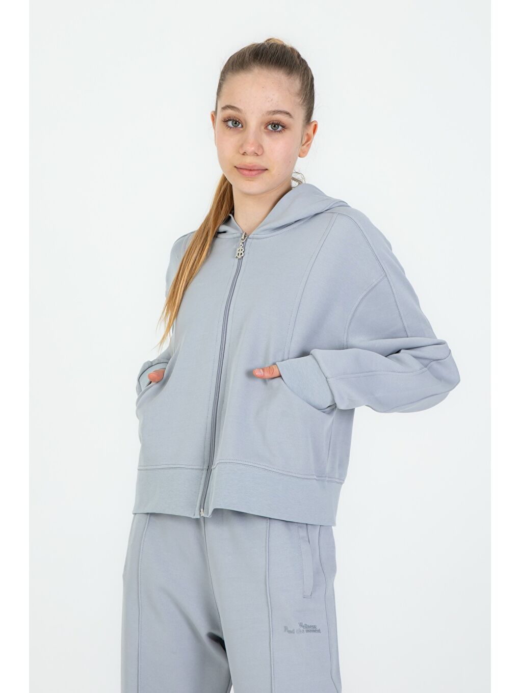 Gri Kız Çocuk Kapüşonlu Fermuarlı Ayarlanabilir Bel Eşofman Takım-4