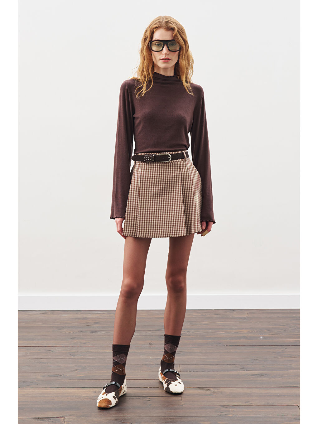 Gri Anvelop Mini Etek Ekose-2