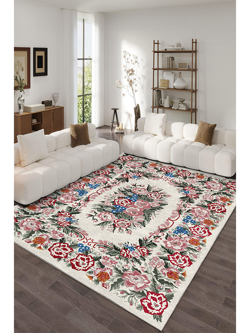 Beyaz Dekoratif Özel Tasarım Yıkanabilir İnce Kaymaz Tabanlı Modern Halı KECE FR47