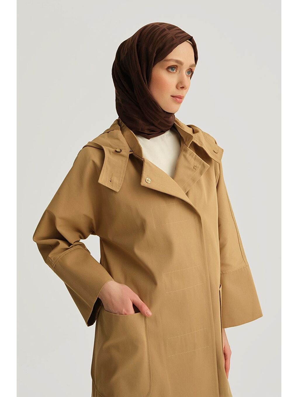 Kahverengi Kapüşonlu Kruvaze Kap 25Y7814 Kum-1