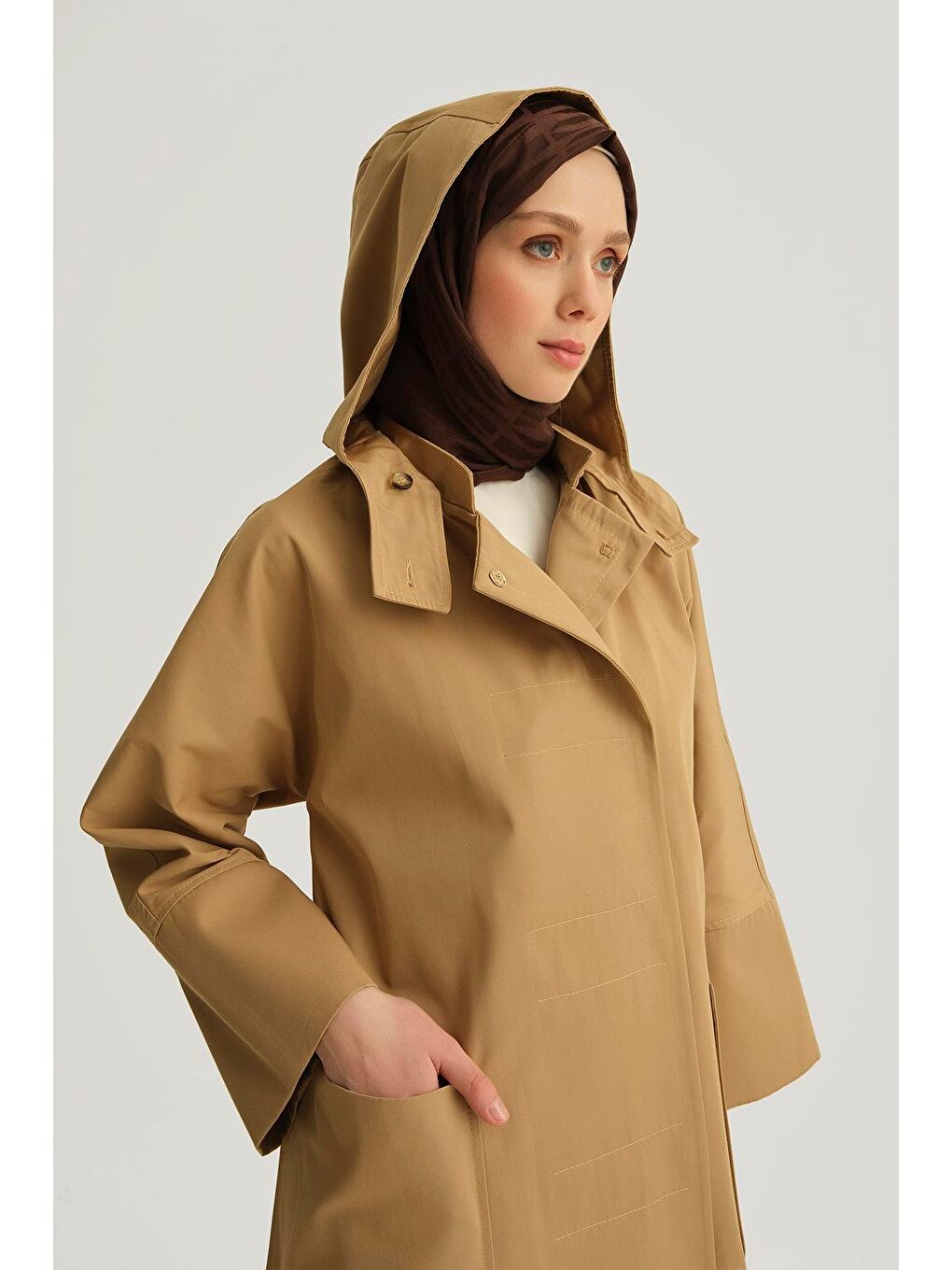 Kahverengi Kapüşonlu Kruvaze Kap 25Y7814 Kum-3