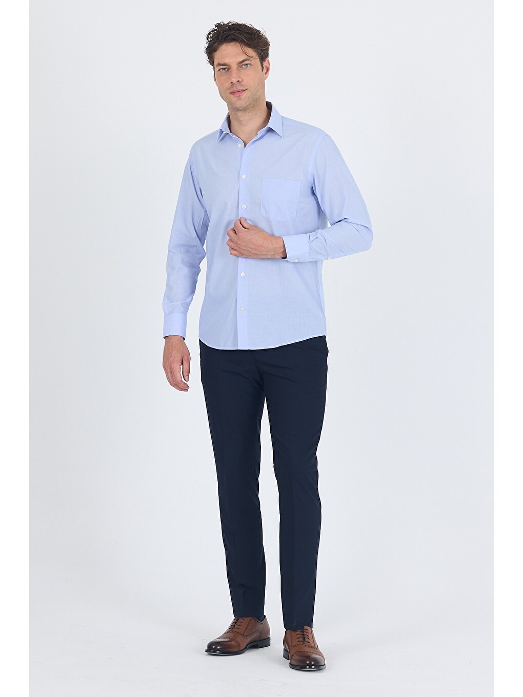 Mavi Uzun Kol Sert Yaka Düz Pamuklu Comfort Fit Gömlek 1004260002-1