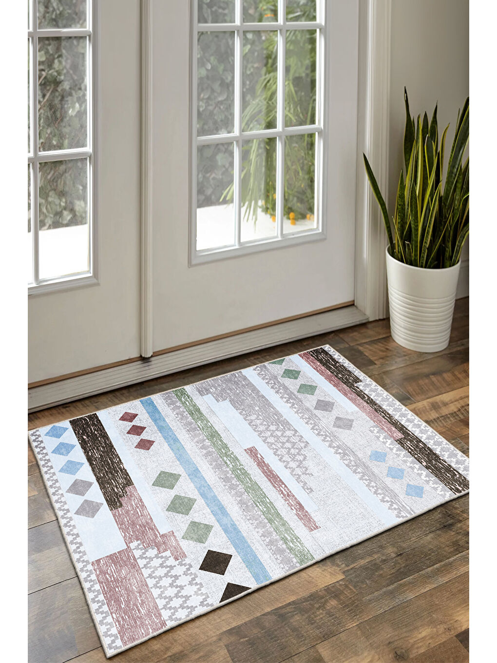 Bej Dekoratif Özel Tasarım Yıkanabilir İnce Kaymaz Tabanlı Modern Halı KECE FR50-1