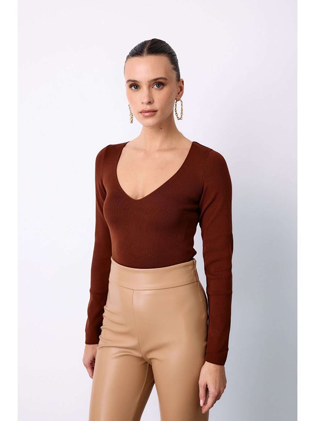 Kahverengi V Yaka Crop Triko - Kahve-2