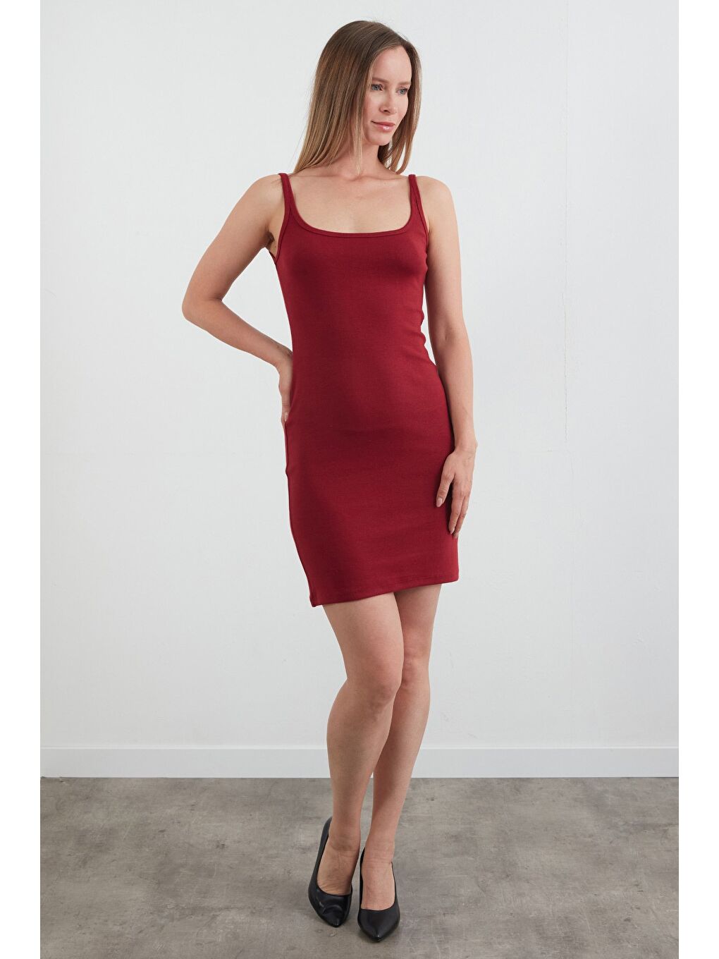Bordo Basic Askılı Modal Elbise-1