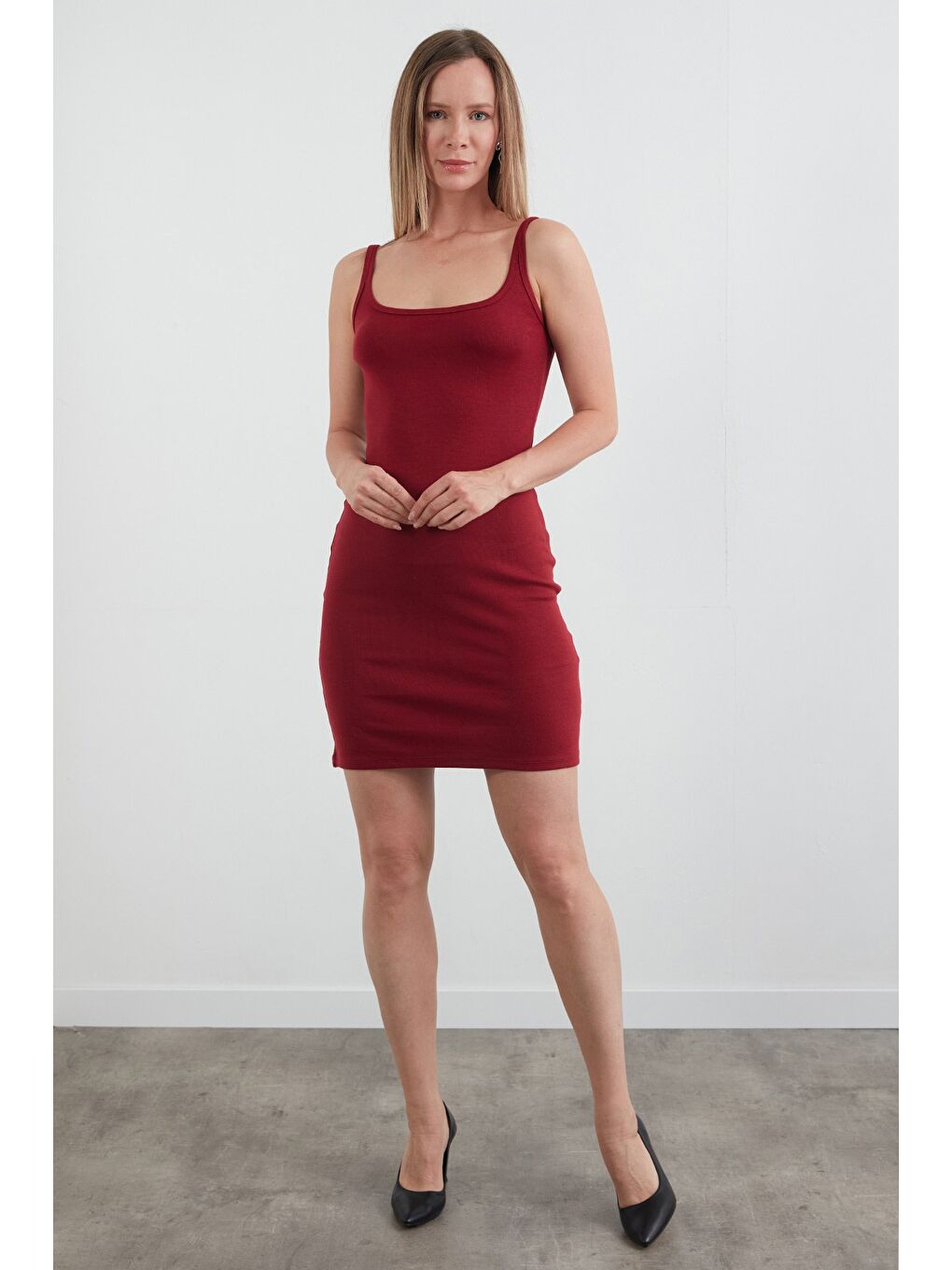 Bordo Basic Askılı Modal Elbise-2