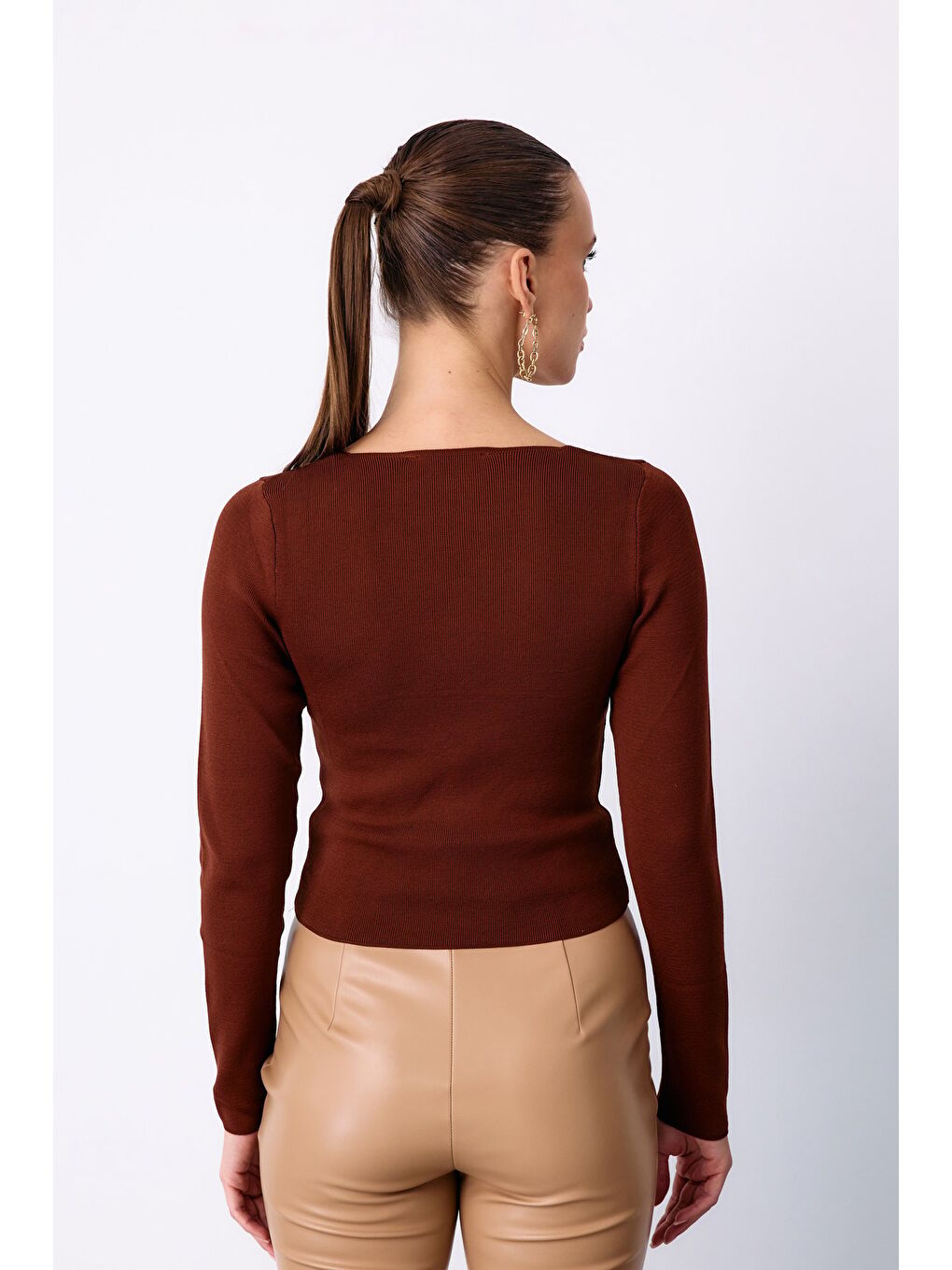 Kahverengi V Yaka Crop Triko - Kahve-5