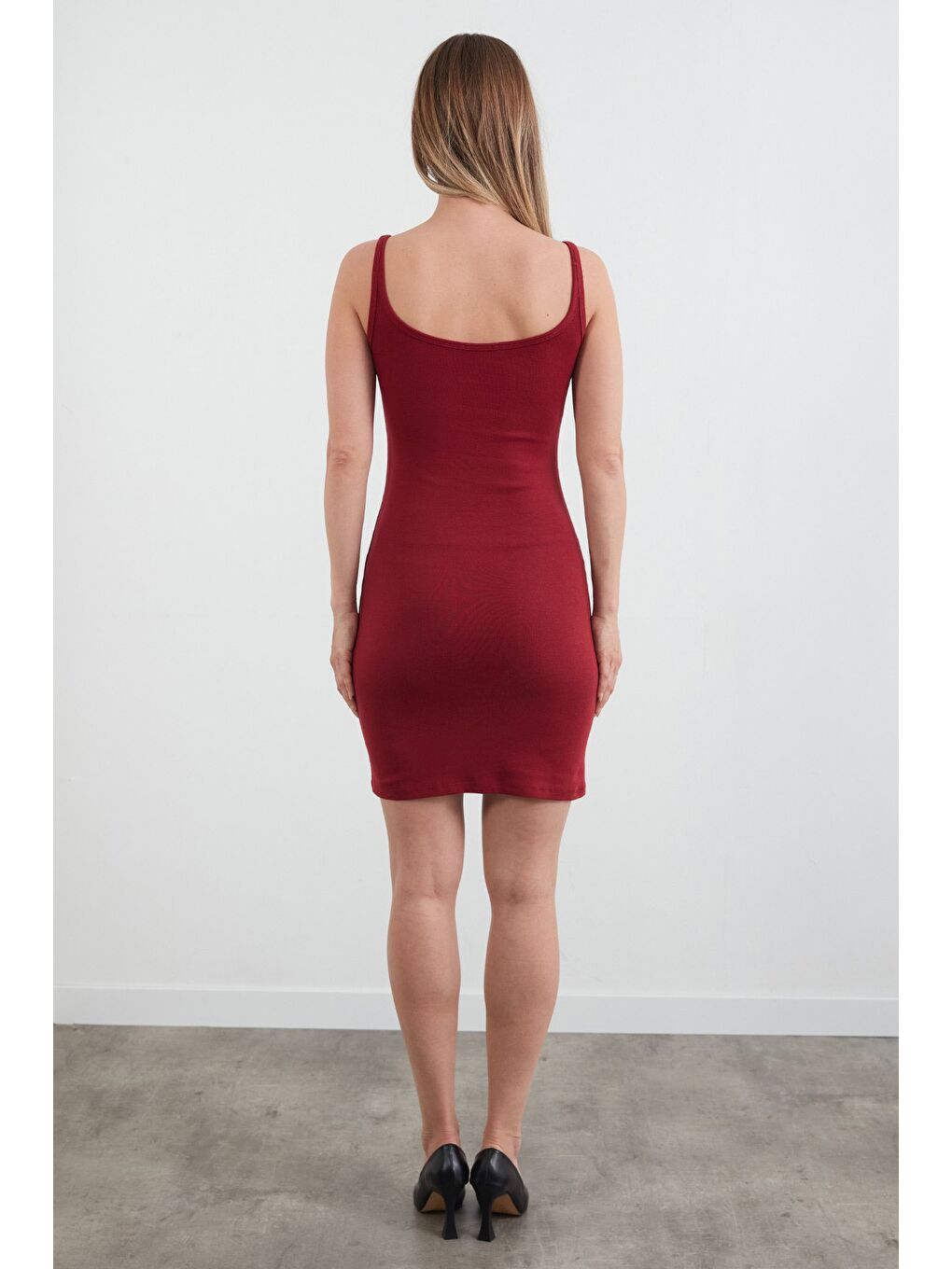 Bordo Basic Askılı Modal Elbise-3
