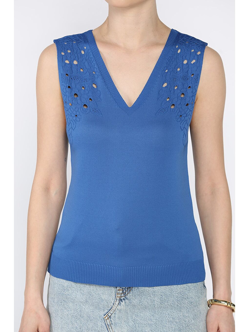 Mavi Kadın V Yaka Sıfır Kol Triko Bluz-3