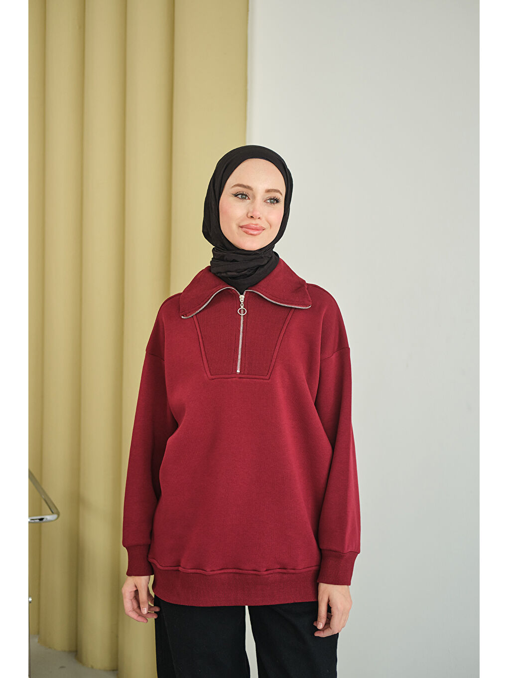 Kadın Yarım Fermuarlı Sweat Bordo