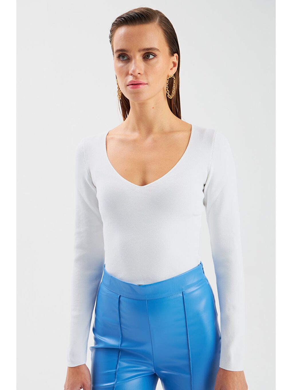 V Yaka Crop Triko - Ekru