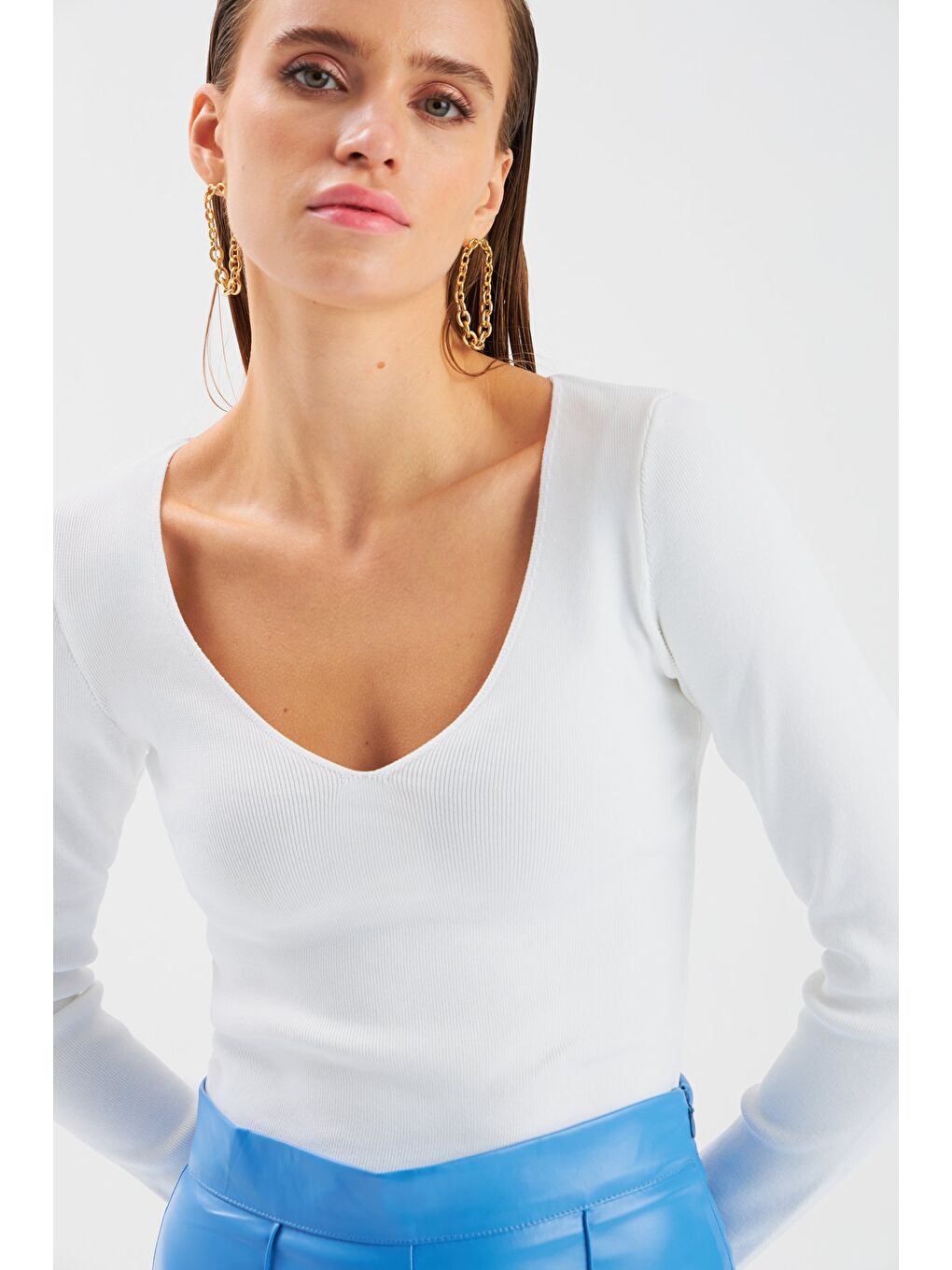 V Yaka Crop Triko - Ekru-1