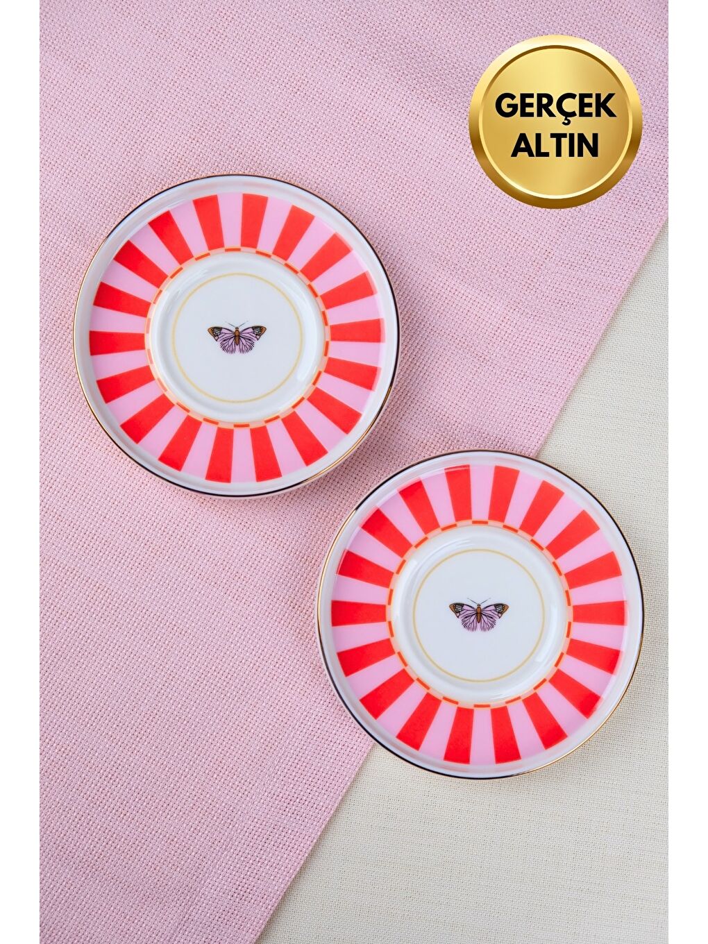 Karışık Porselen Butterfly Collection Altın Yaldızlı Çay Tabağı 11,8cm Kırmızı 2 li