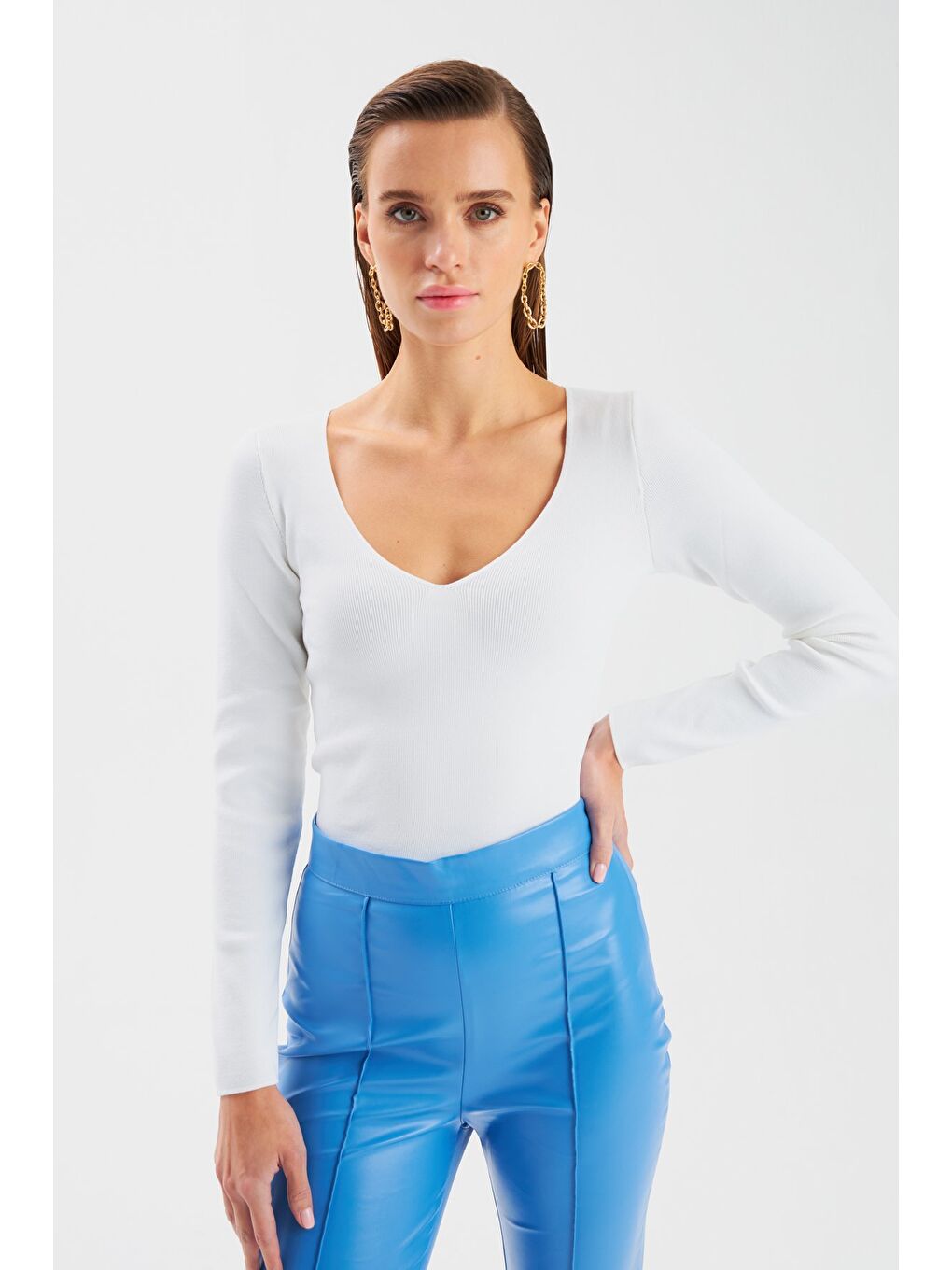 V Yaka Crop Triko - Ekru-2