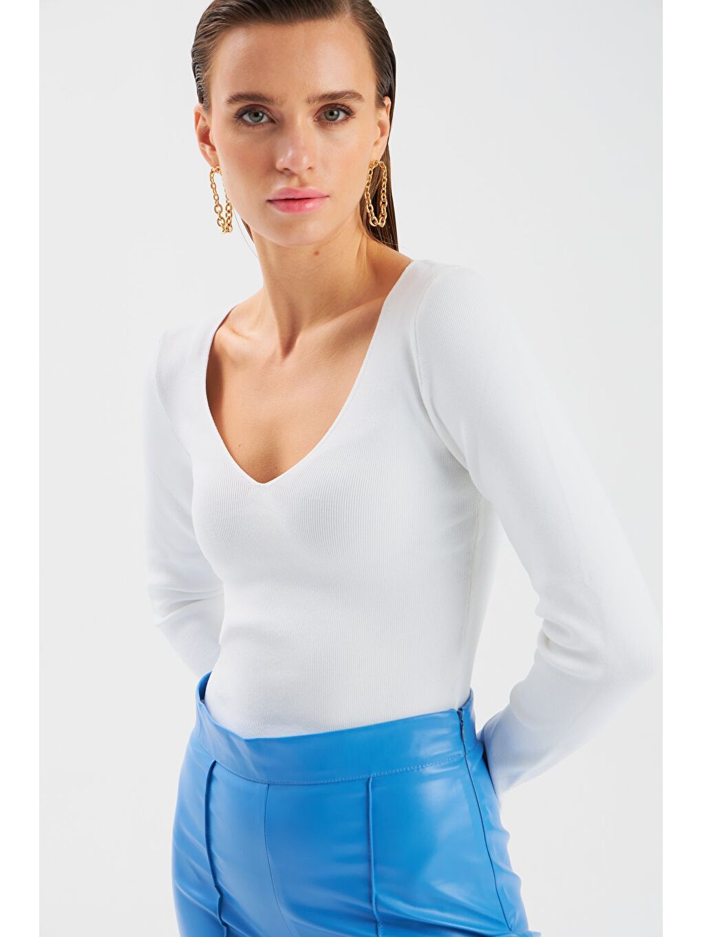 V Yaka Crop Triko - Ekru-3