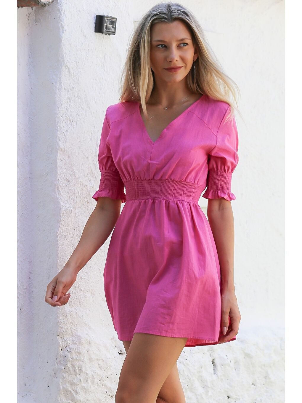 Pembe V Yaka Büzgülü Kol Dokuma Lastikli Bel Casual Elbise-2