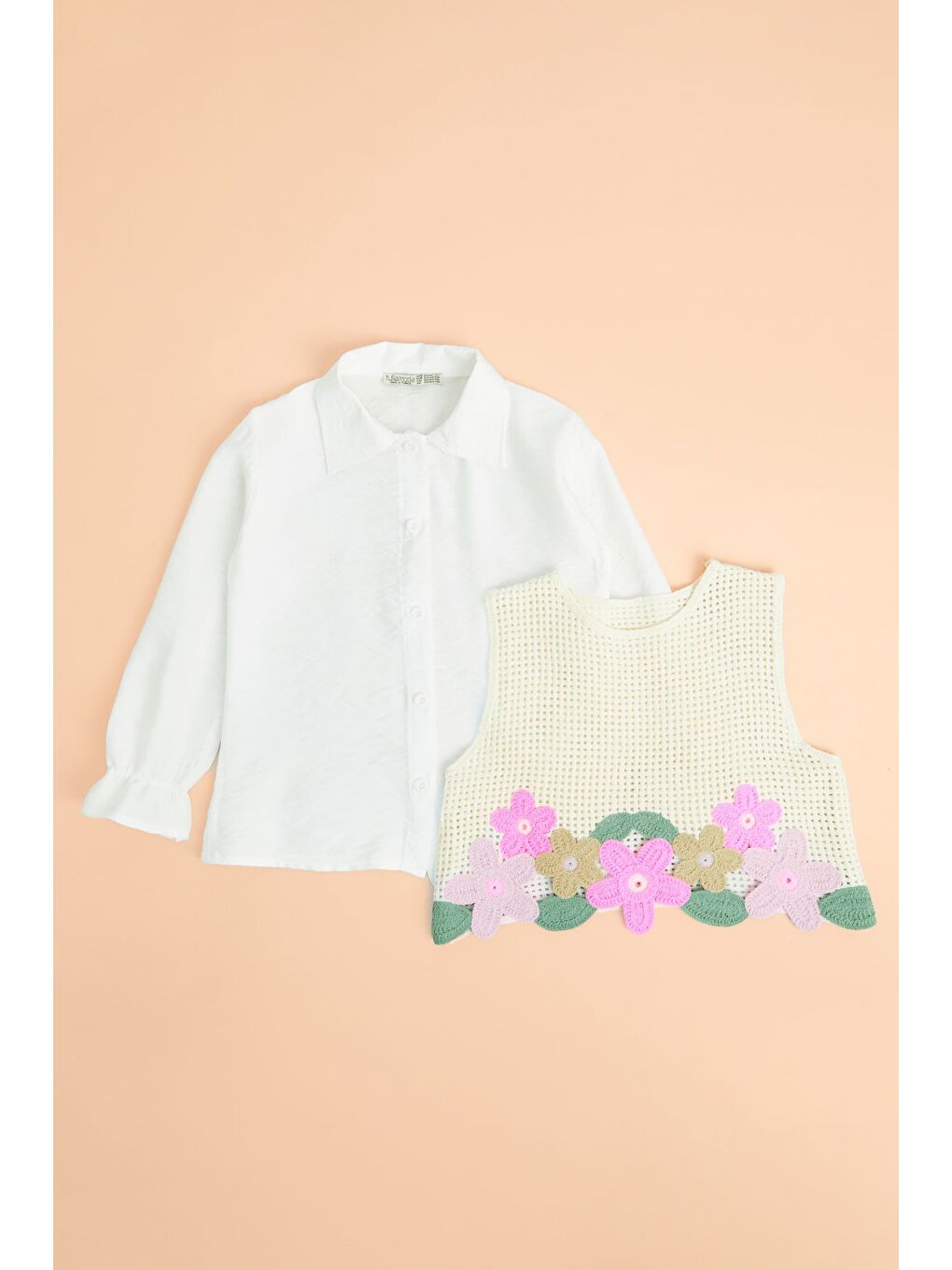 Bej Çiçek Nakışlı Süveterli Kız Çocuk 2 Li Takım