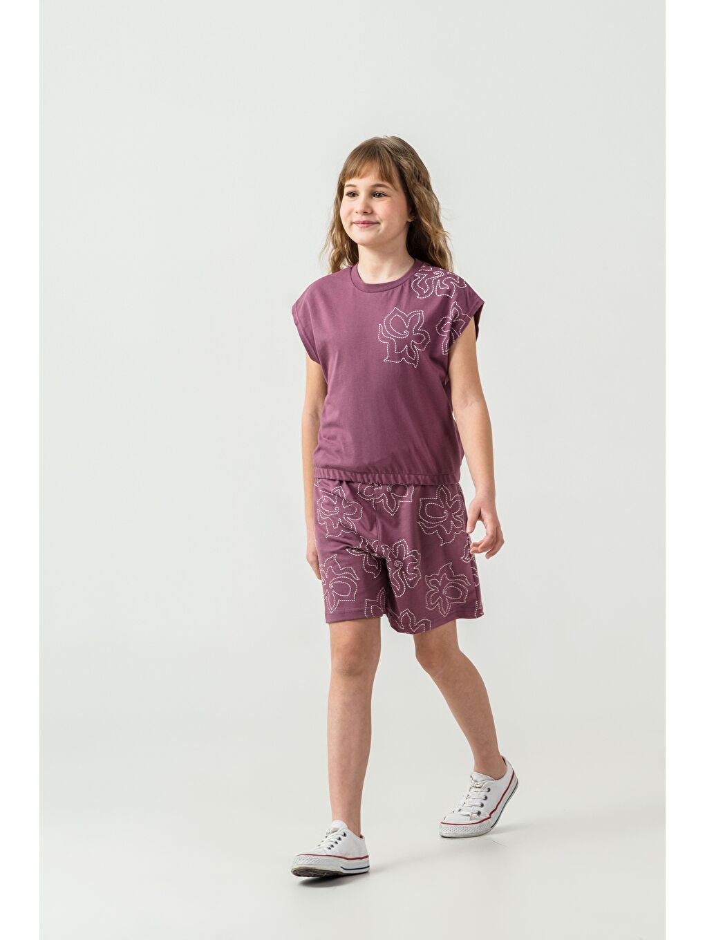 Pembe Üst Sol Omuz Baskılı Alt Tüm Alan Baskılı Kız Çocuk Şort - Tişört Takımı-2