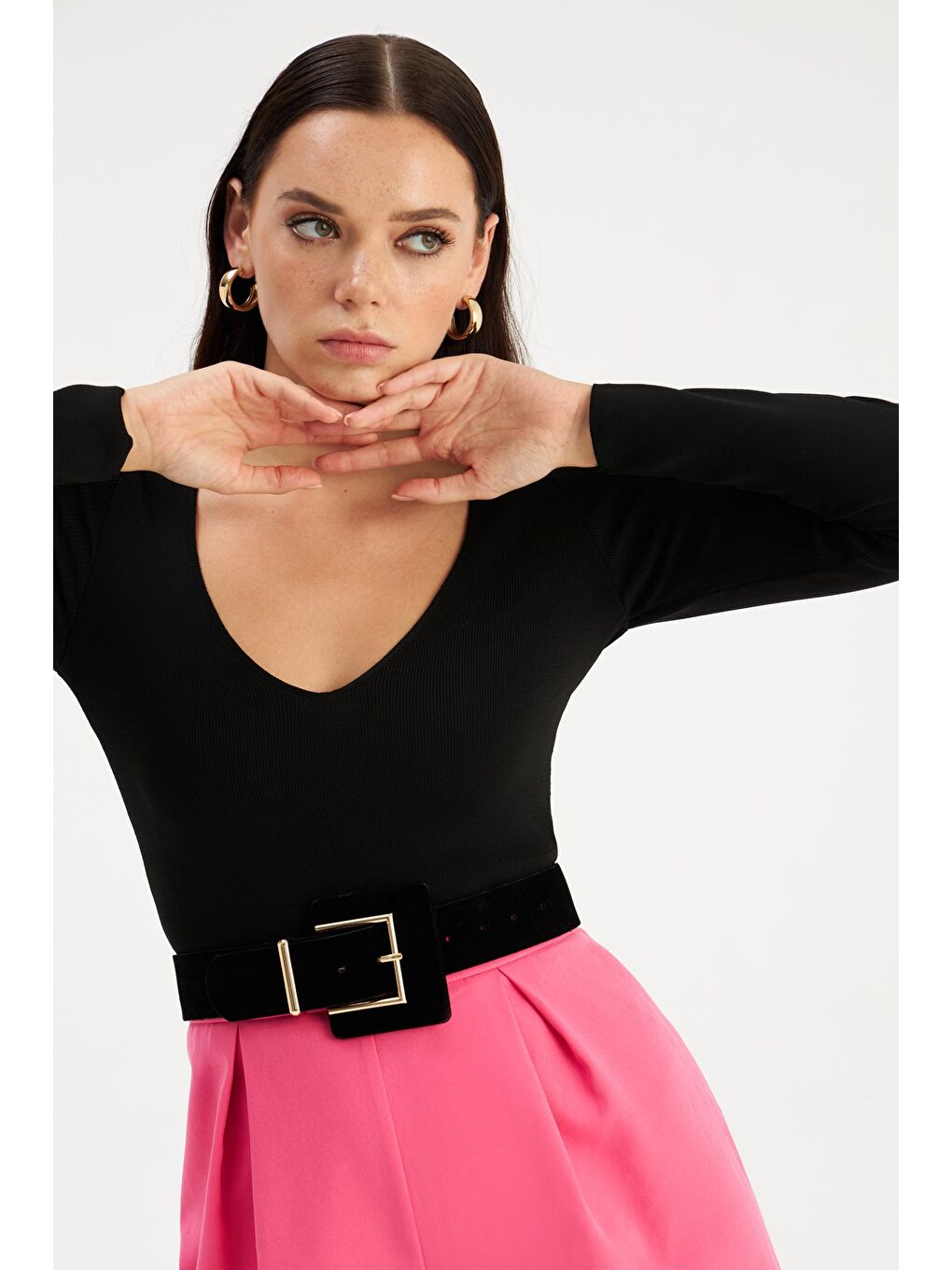 V Yaka Crop Triko - Siyah-1