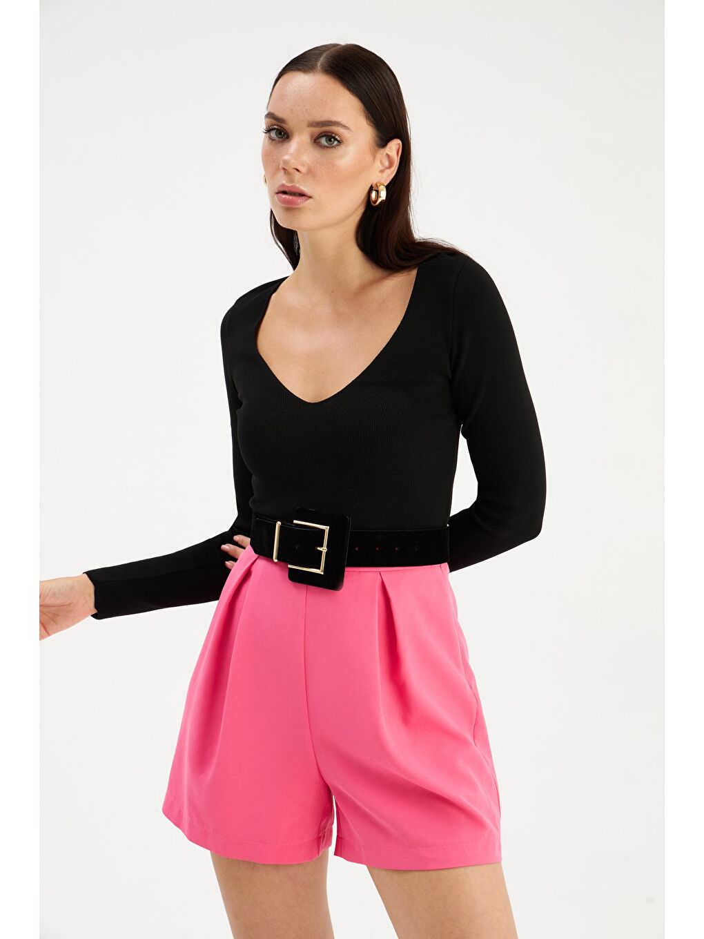 V Yaka Crop Triko - Siyah-2