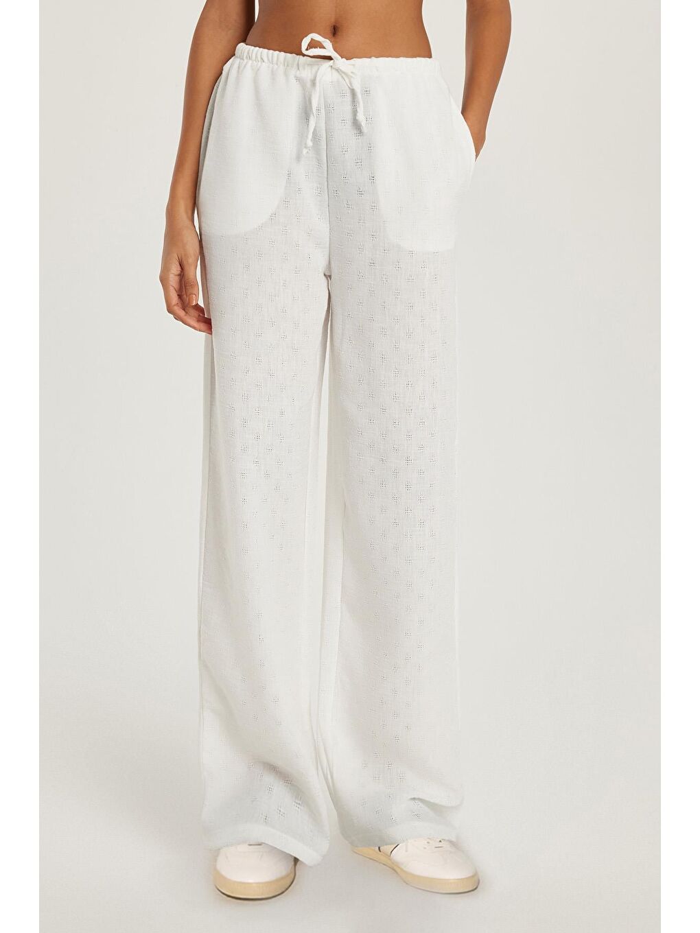 Kadın Relax Fit Beli Lastikli Bağlamalı Palazzo Geniş Paça Ekru Pantolon