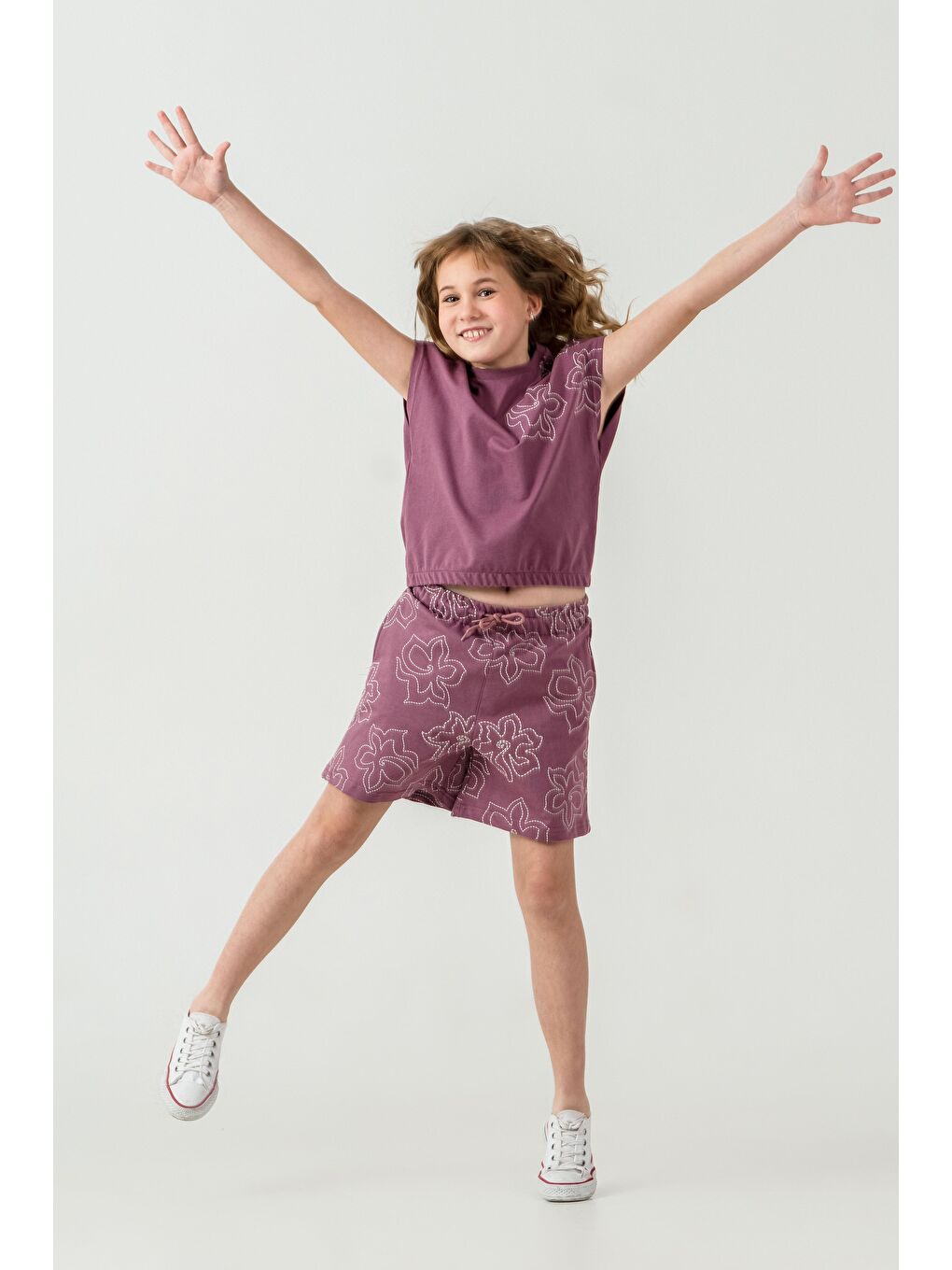 Pembe Üst Sol Omuz Baskılı Alt Tüm Alan Baskılı Kız Çocuk Şort - Tişört Takımı-3