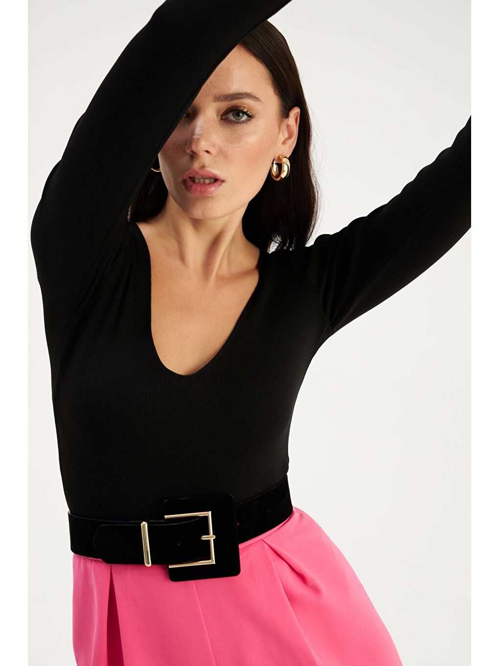 V Yaka Crop Triko - Siyah-3