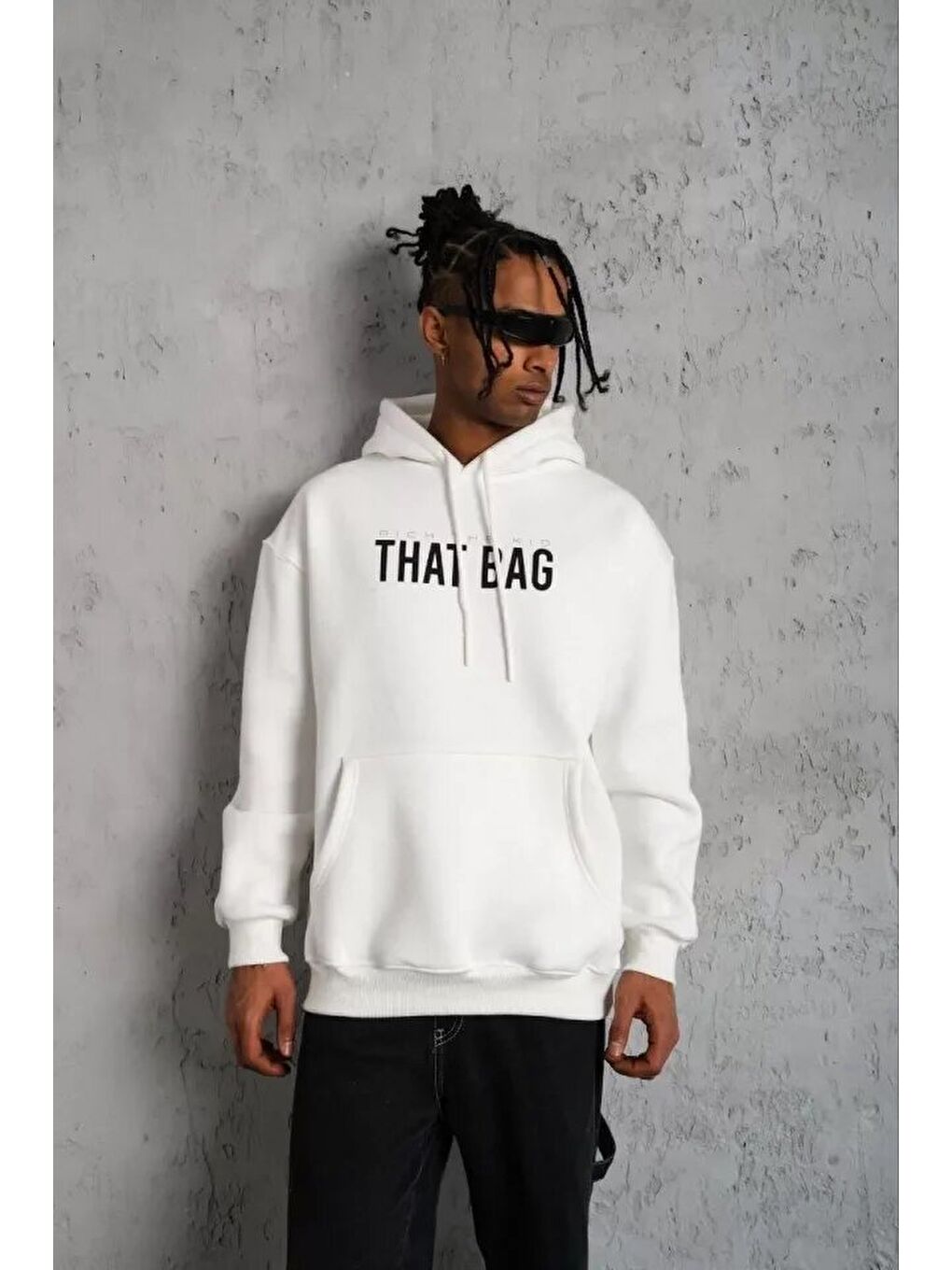 Erkek Kanguru Cep Baskılı Kapüşonlu Sweatshirt - Beyaz