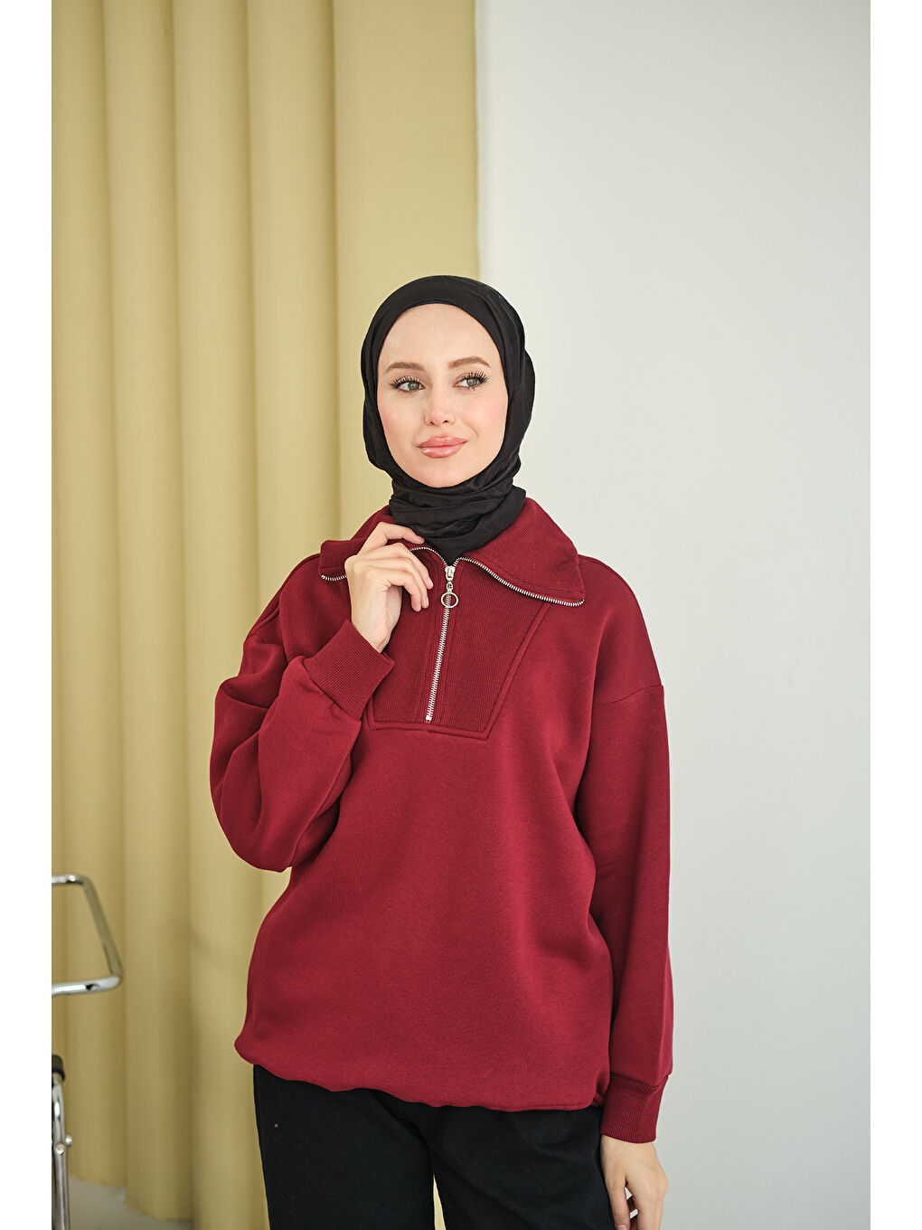 Kadın Yarım Fermuarlı Sweat Bordo-2