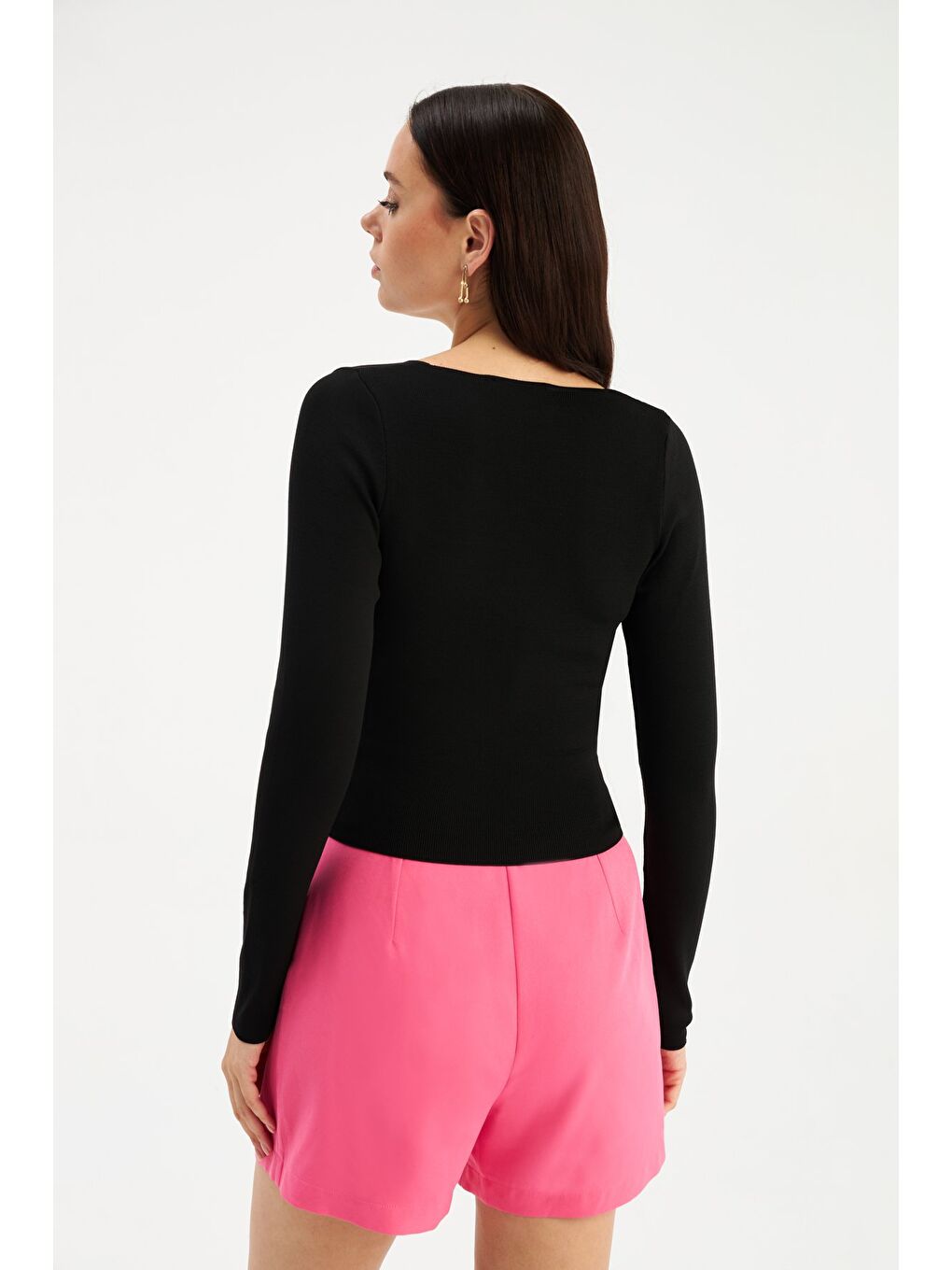 V Yaka Crop Triko - Siyah-4