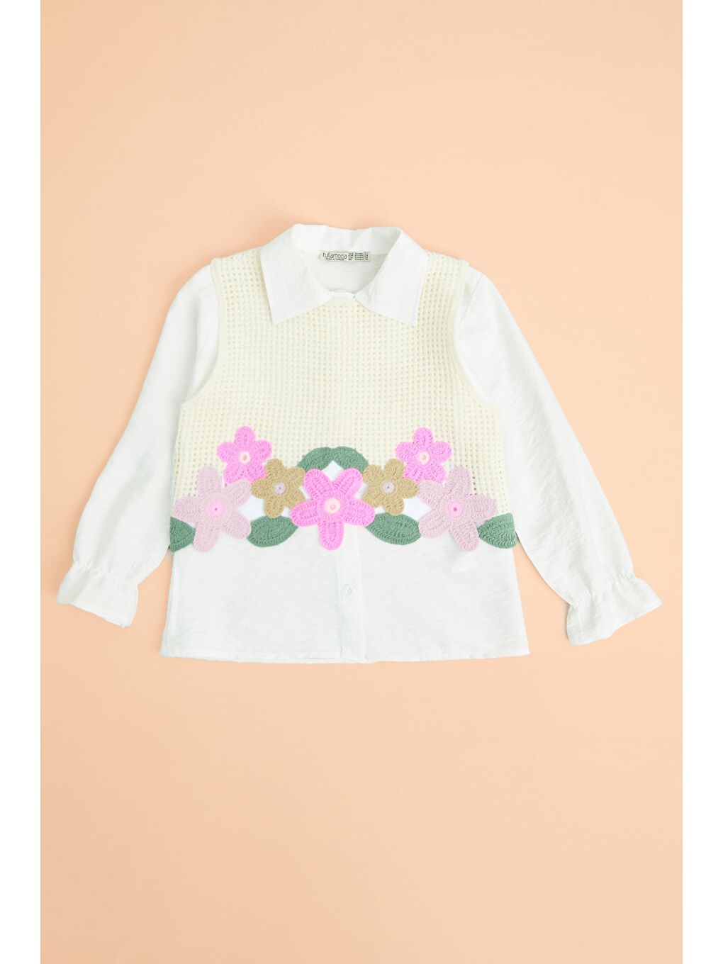 Bej Çiçek Nakışlı Süveterli Kız Çocuk 2 Li Takım-1