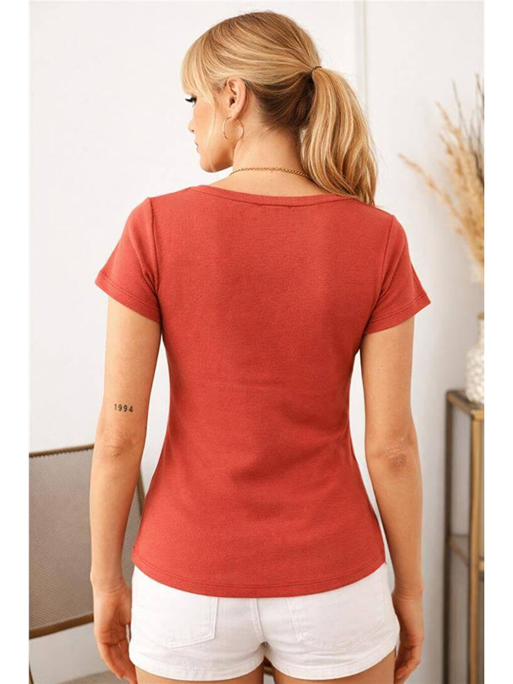 Pembe Pamuklu Düğme Detalı V Yaka T Shirt 26Y0191K1-2