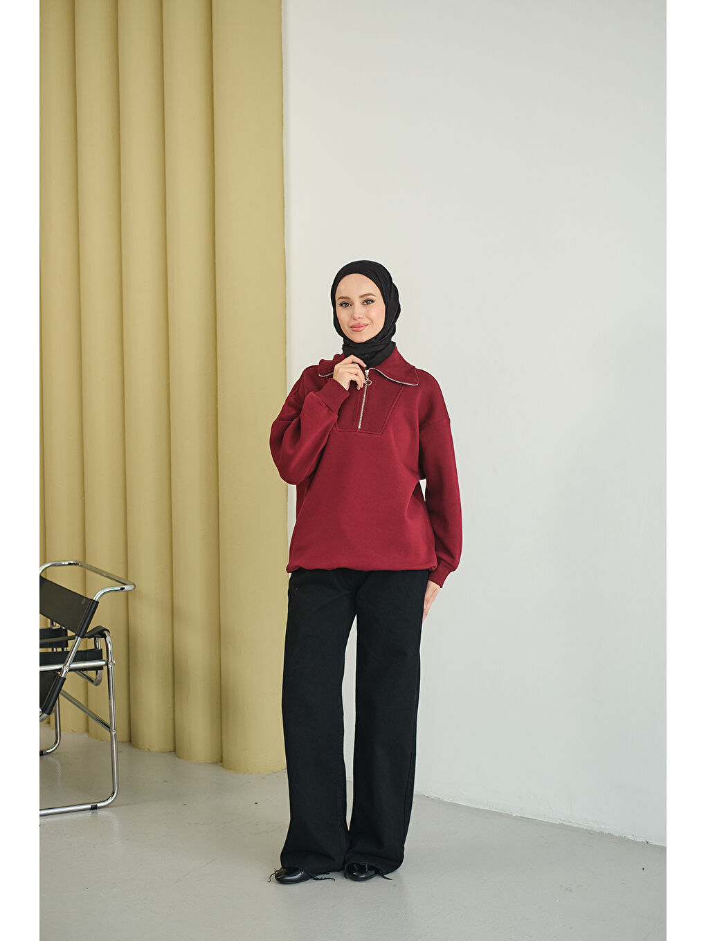 Kadın Yarım Fermuarlı Sweat Bordo-3