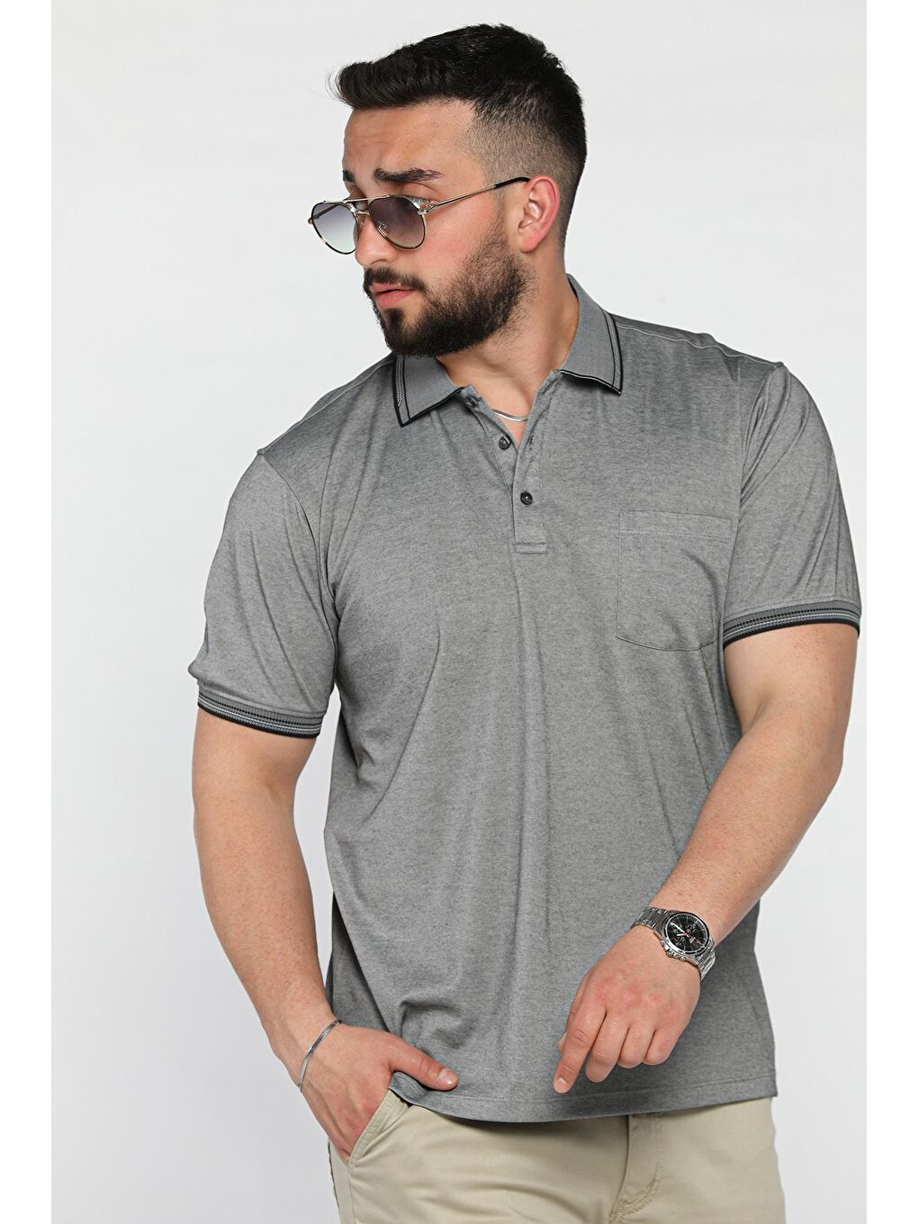 Gri Yarım Düğmeli Polo Yaka Cepli Erkek Tişört