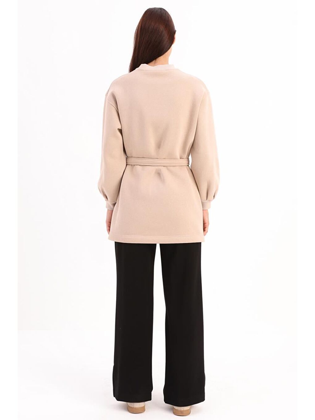 Bej-Pamuklu Kuşaklı Sweat Tunik-3