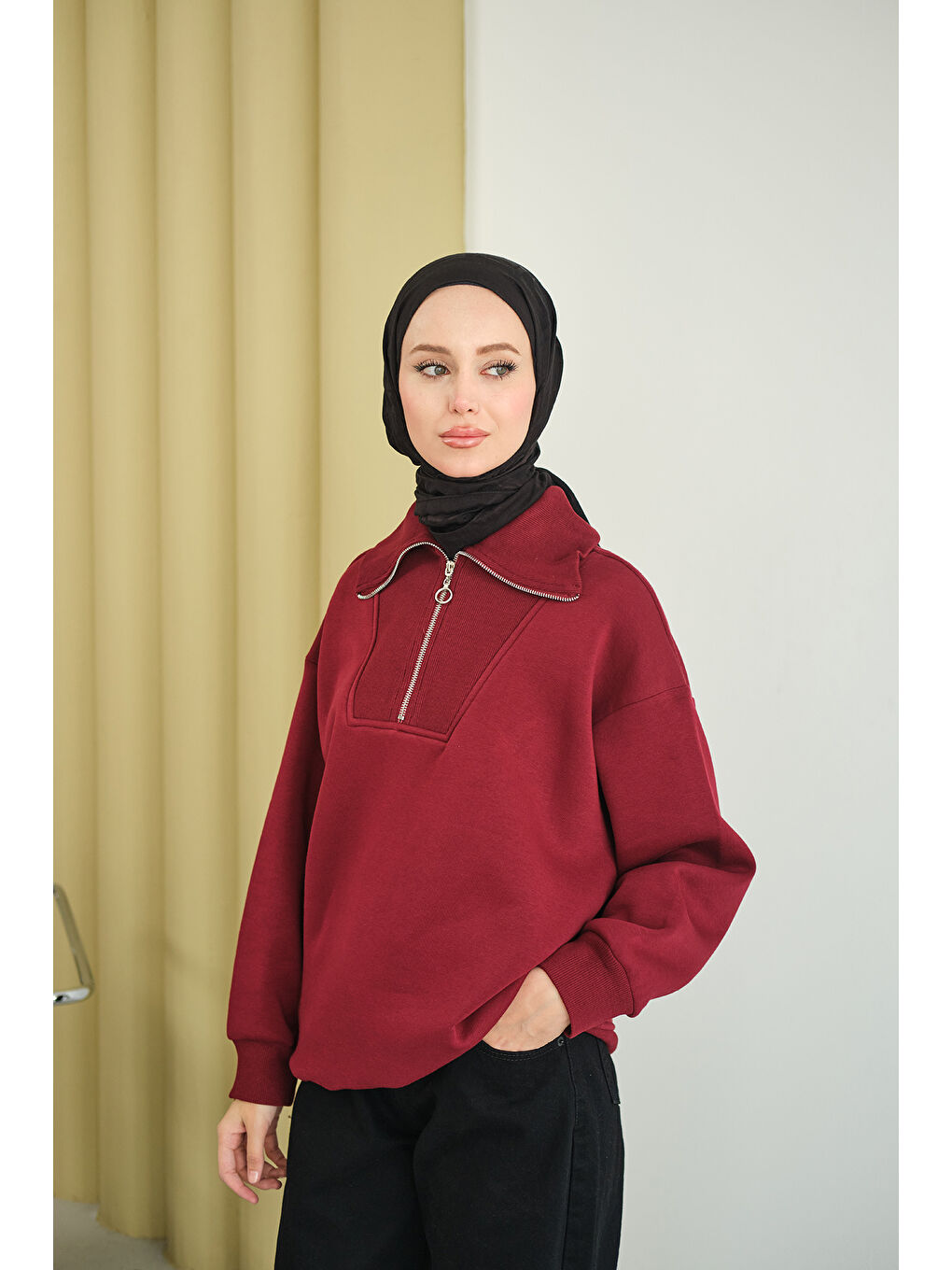 Kadın Yarım Fermuarlı Sweat Bordo-4