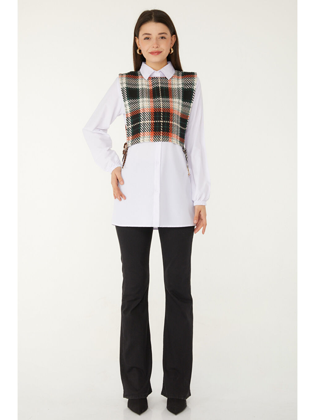 Kahverengi Gömlek Yaka Kadın Kiremit Gömlek Süveter İkili Takım - 13347-1