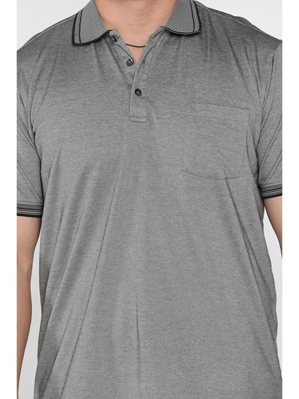 Gri Yarım Düğmeli Polo Yaka Cepli Erkek Tişört-3