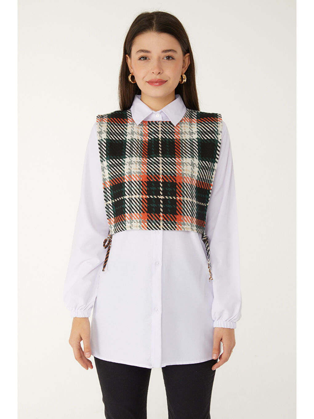 Kahverengi Gömlek Yaka Kadın Kiremit Gömlek Süveter İkili Takım - 13347-2