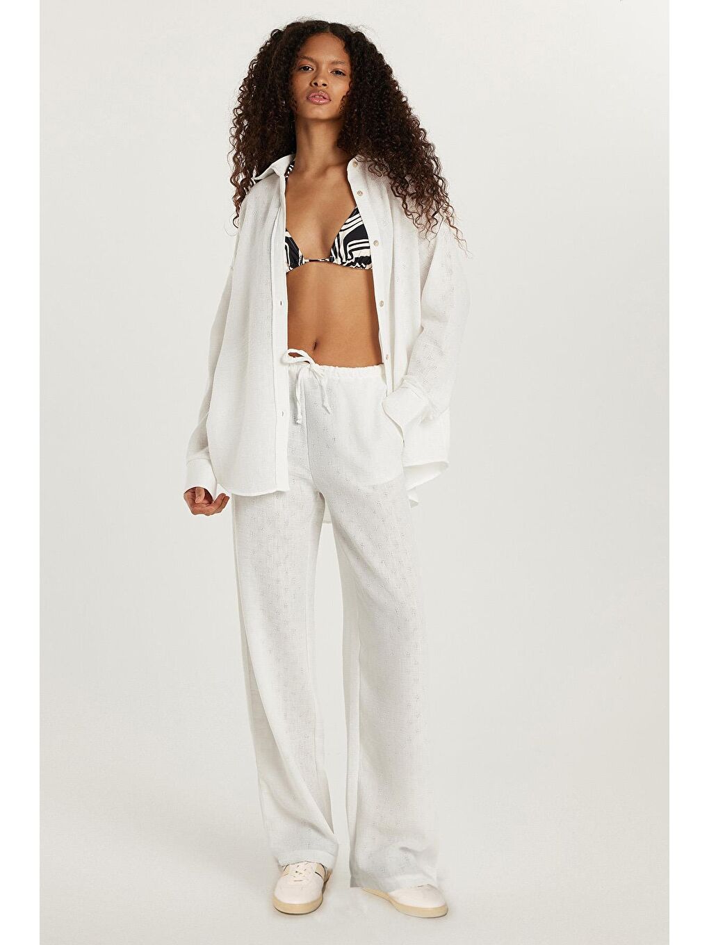 Kadın Relax Fit Beli Lastikli Bağlamalı Palazzo Geniş Paça Ekru Pantolon-1