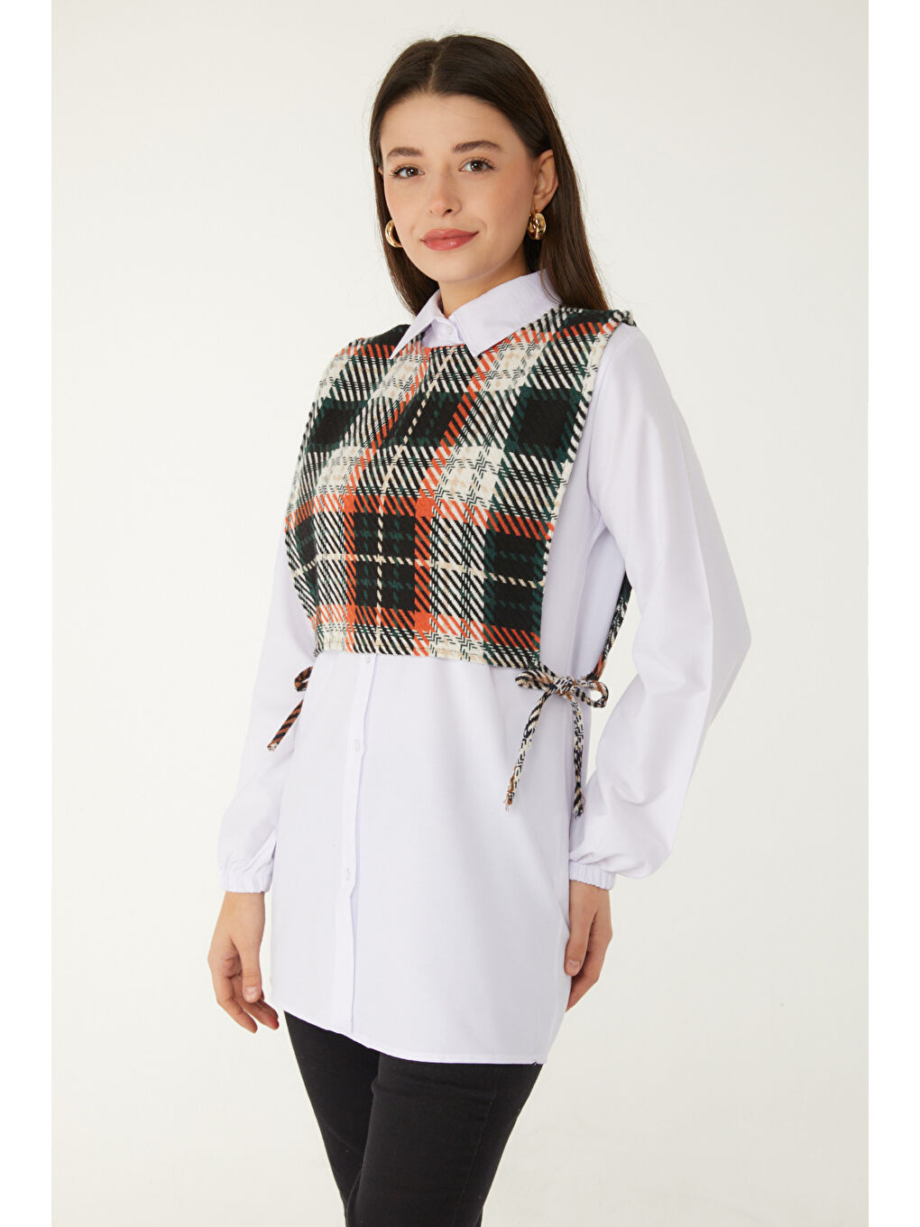 Kahverengi Gömlek Yaka Kadın Kiremit Gömlek Süveter İkili Takım - 13347-3