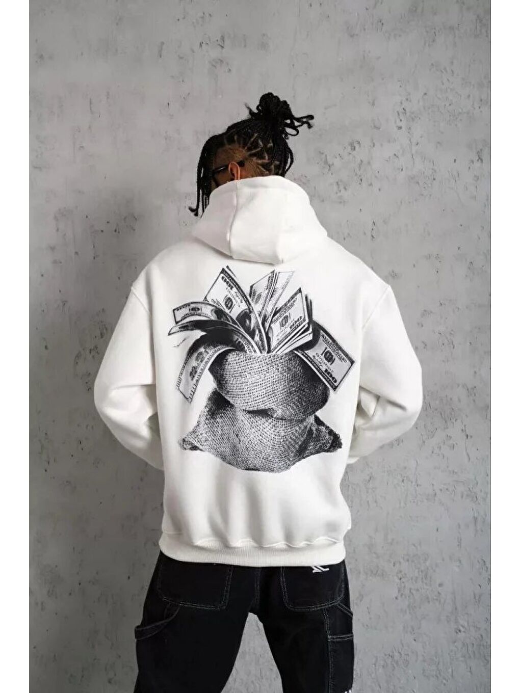 Erkek Kanguru Cep Baskılı Kapüşonlu Sweatshirt - Beyaz-1